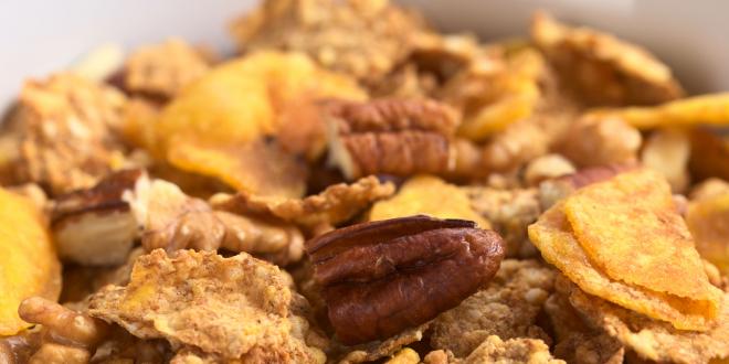 Flake cereal, nuts, and dried fruit