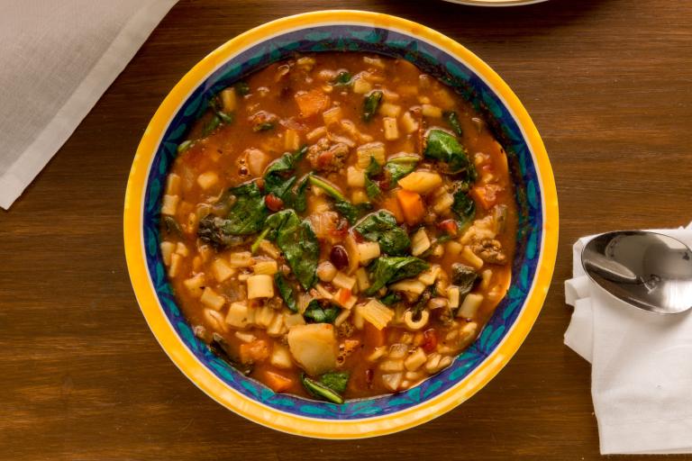 a bowl of minestrone soup